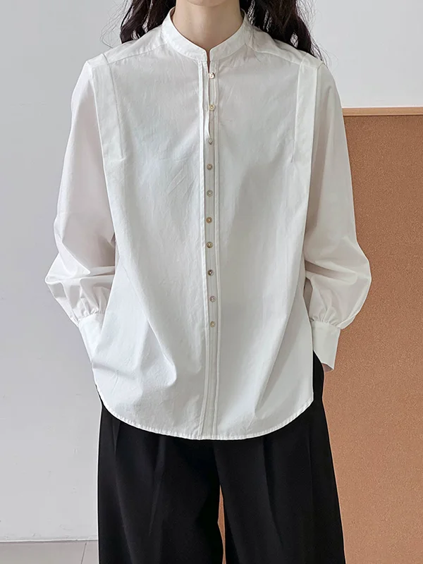Long Sleeves Loose Buttoned Split-Joint Round-Neck Blouses&Shirts Tops