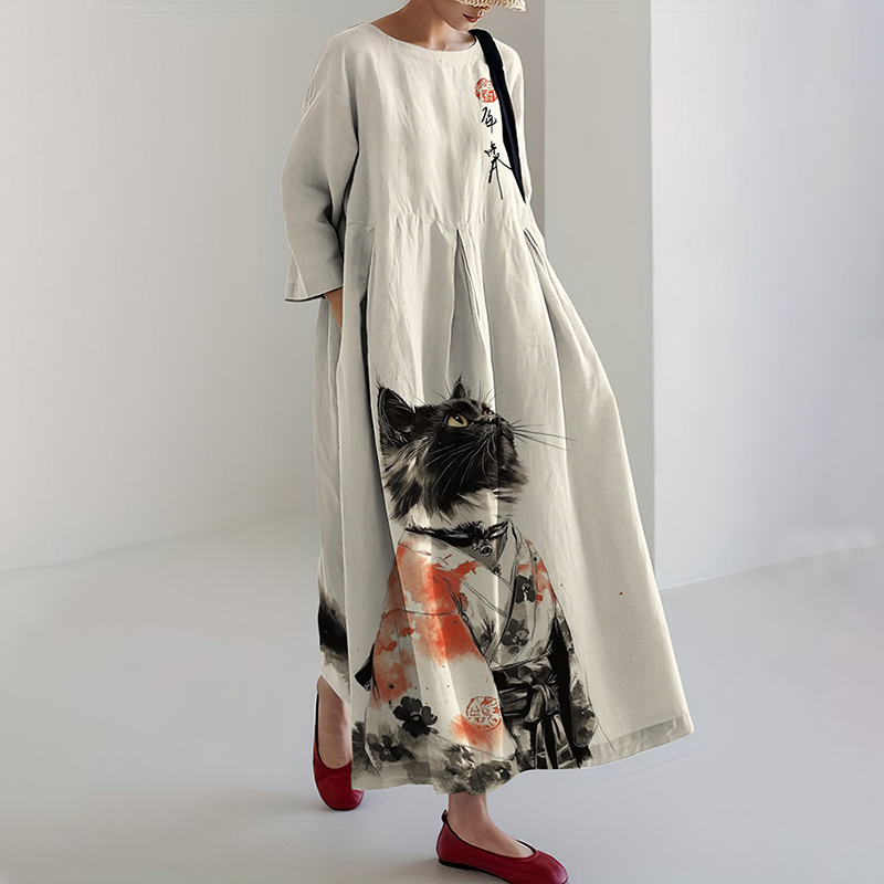 Women's Retro Japanese Cat Art Print Midi Dress artswardrobe