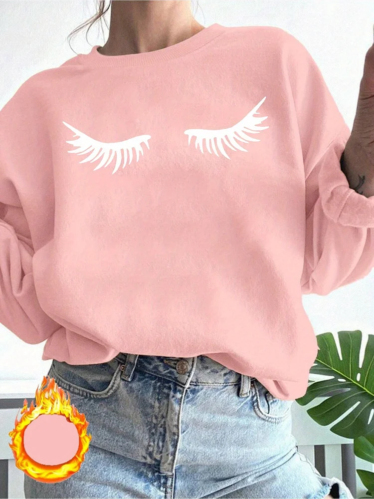 Women's Cozy Fleece-Lined Casual Sweatshirt With Trendy Eyelash Print - Round Neck, Long Sleeve Pullover - Soft Fleece Lining - Trendy Eyelash Design - Perfect For Fall/Winter - Suitable For Women - Casual Wear - Gift Idea For Fashionable Women
