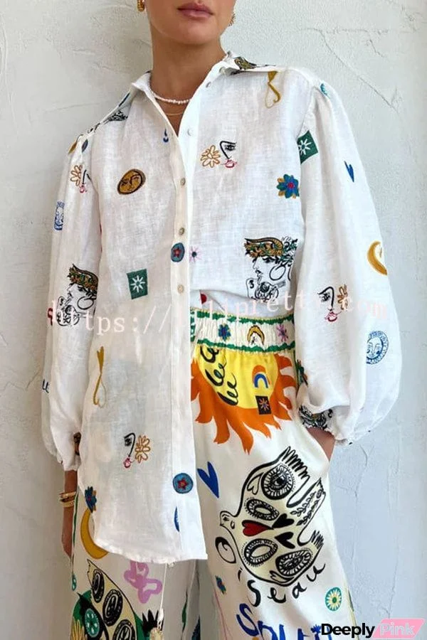 Effortless Silhouette Unique Print Balloon Sleeve Button Loose Shirt