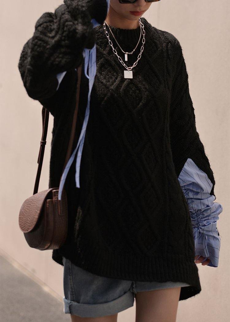 Vintage black crane tops o neck patchwork oversized sweaters