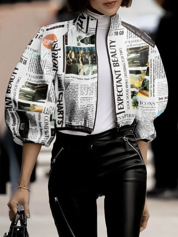 Loose Puff Sleeves Letter Print Stand Collar Outerwear
