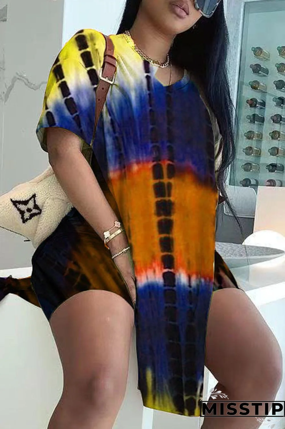 Orange Fashion Casual Print Tie Dye Slit V Neck Short Sleeve Two Pieces