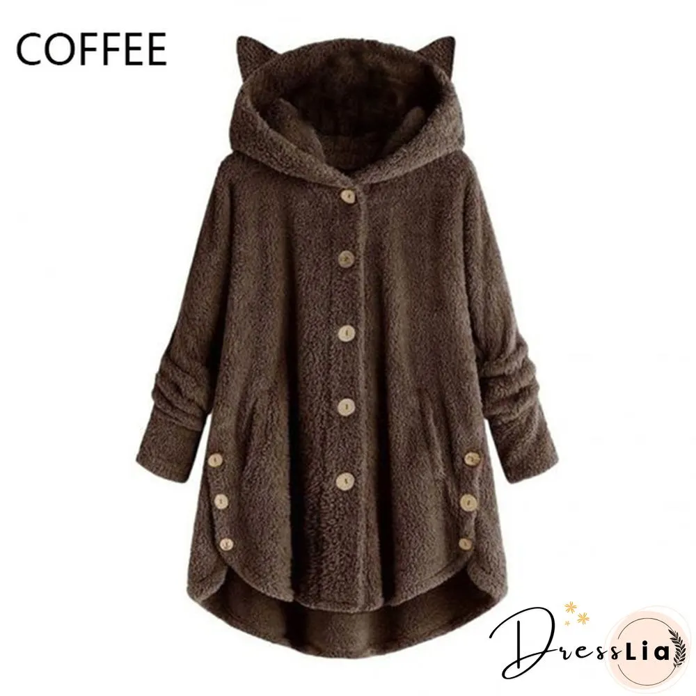 Fashion Women Coats Autumn Winter Outwear Tops Solid Color Plush Loose Cute Cat Ears Warm Fur Cardigan Coat with Pocket Plus Size S-5XL