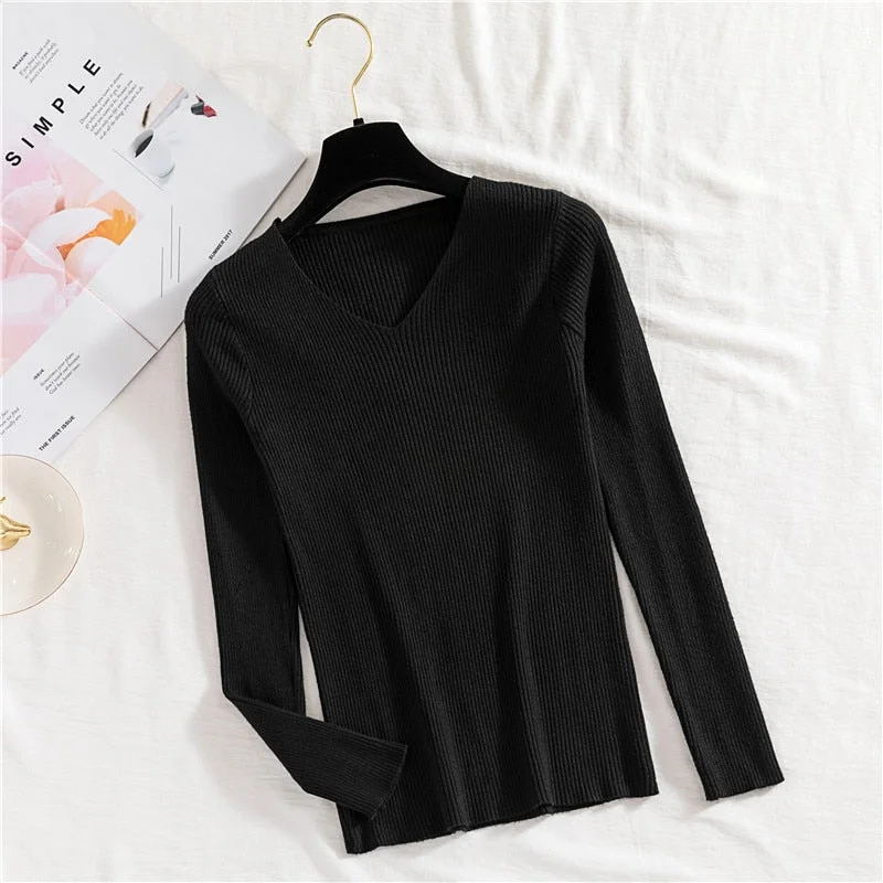 Zoki Sexy V Neck Women Pullover Sweater Fashion Autumn Winter Long Sleeve Knitted Jumper Top Casual Korean Slim Basic Blouse