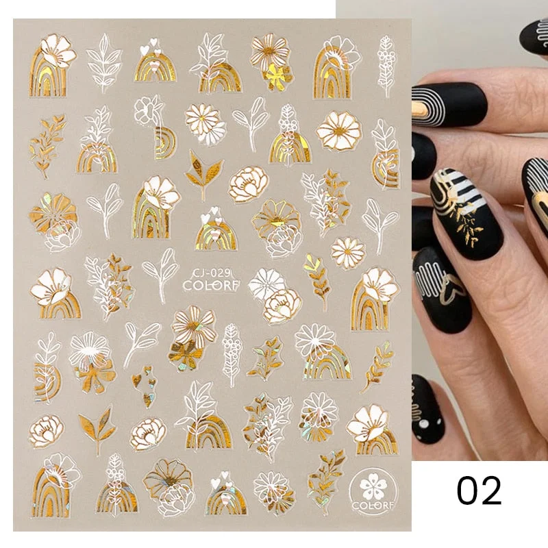 1 Pc White Gold Laser Leaves 3D Nail Stickers Leaf Cute Spring Sliders for Nails Flowers Adhesive Sticker Nail Art Design Decal-Nail Inspo