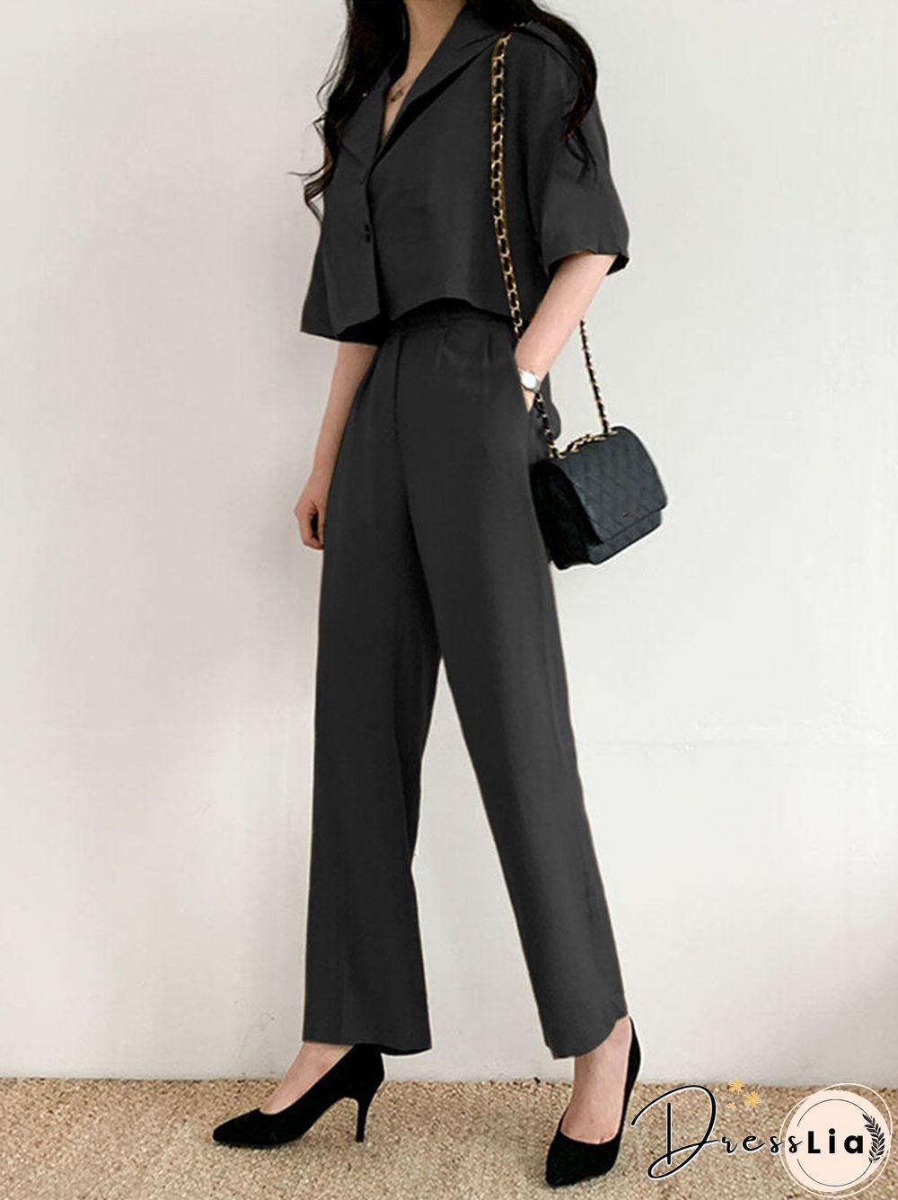 Solid Button Front Pocket Lapel Short Sleeve Two Pieces Suit