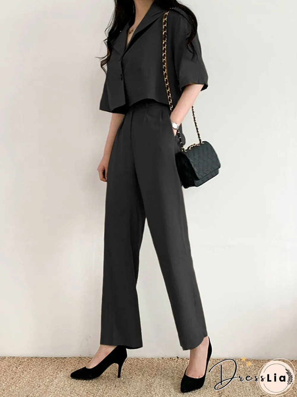 Solid Button Front Pocket Lapel Short Sleeve Two Pieces Suit