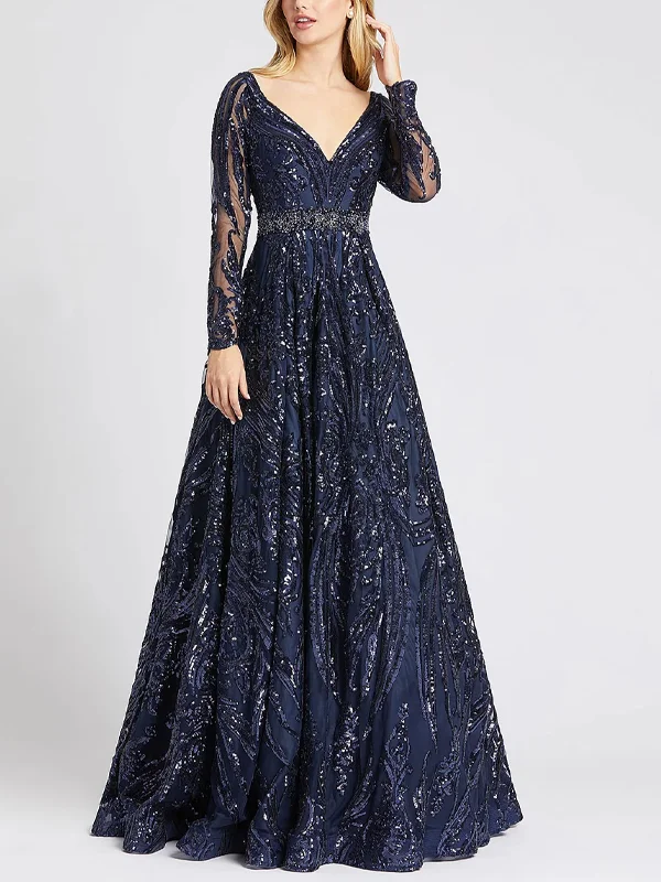V-neck Long Sleeves Sequin Solid Color Maxi Dress