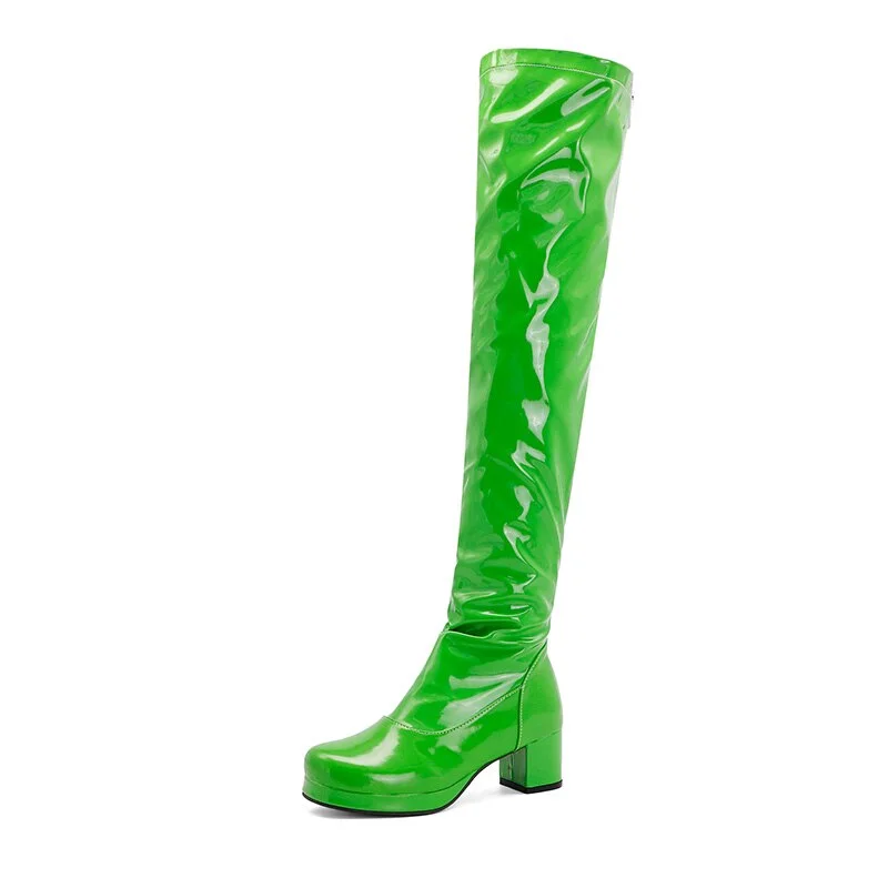 Gdgydh Patent Leather Waterproof Over The Knee Boots Women Candy Colors Green Yellow Fashion Style Long Boots With High Heels