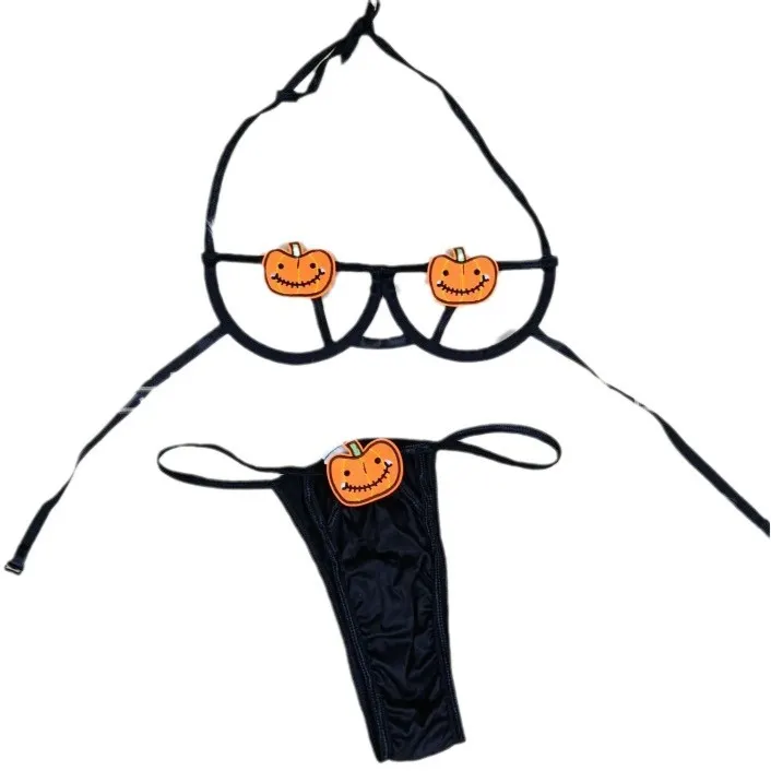 Churchf Halloween Strip Steel To Pumpkin Demon Strap Bikini Role-Playing Lingerie Set