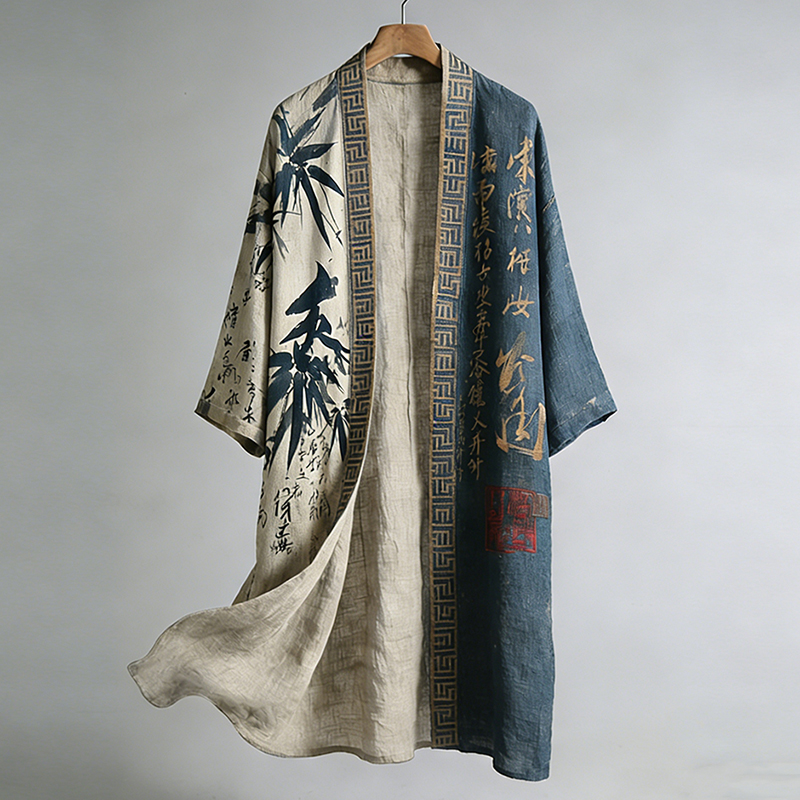 Retro Japanese Bamboo Leaf And Calligraphy Pattern Casual Kimono  artssus