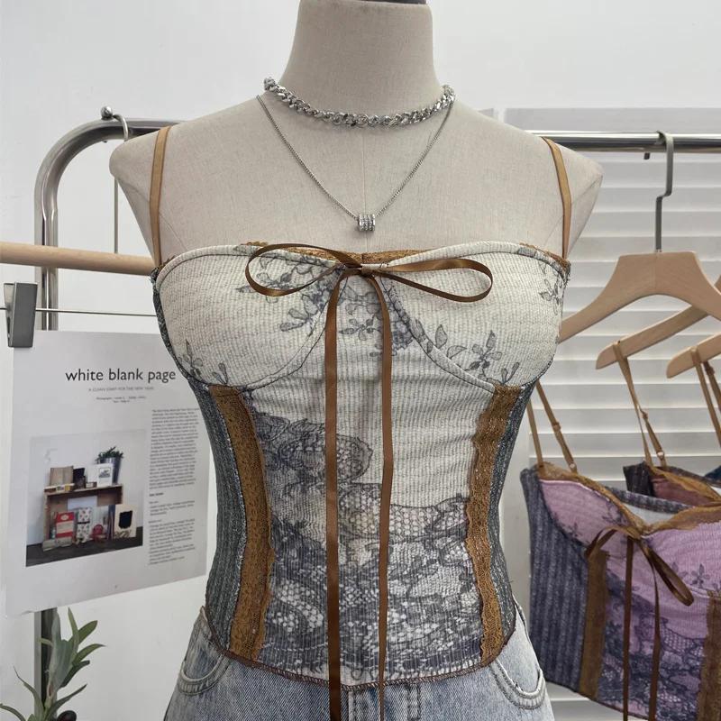 Zingj Vintage Ink Painting Niche Hottie Sling Vest With Chest Cushion Short Tie Tector-Meared Blouse Woman 8821