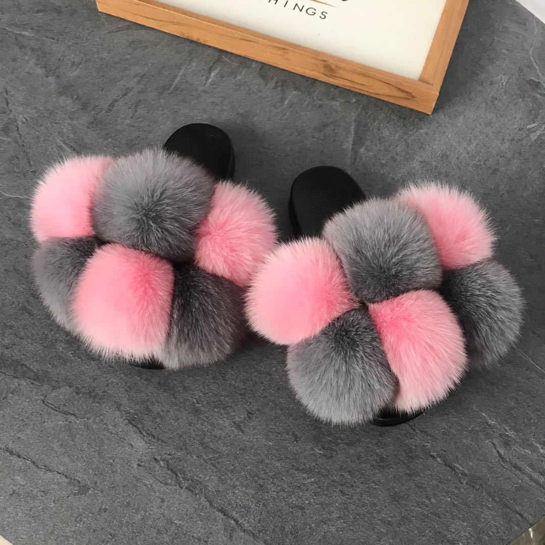 VCSHOES Color Matching Large Fur Real Natural Fox Fur Slides Colorful Fluffy Fur Slides Sandals Slippers Shoes