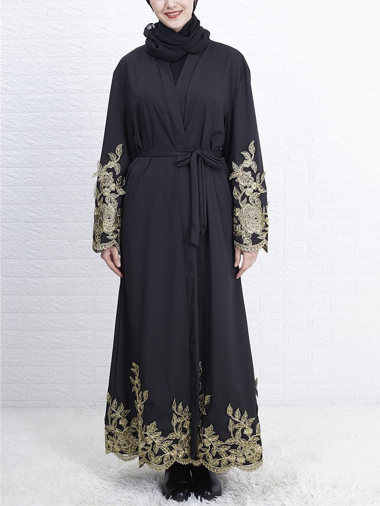 Gold embroidered cardigan Muslim long sleeve dress