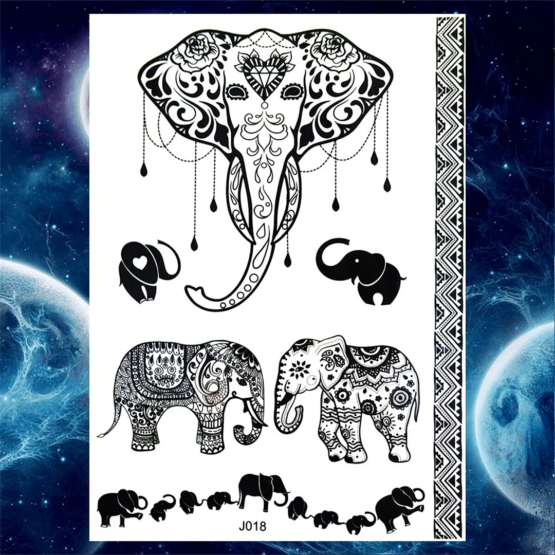 Snake Elephant Tribal Temporary Tattoos For Women Men Adult Fake Mandala Henna Tattoo Sticker Butterfly Black Bow Tatoos Paste