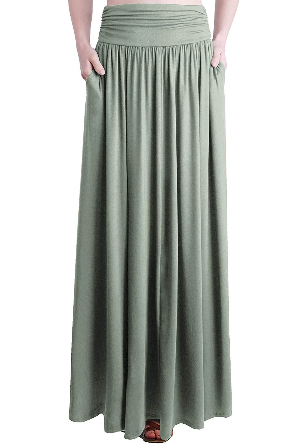 Maxi Skirt  Women's Rayon Spandex High Waist Shirring Maxi Skirt with Pockets