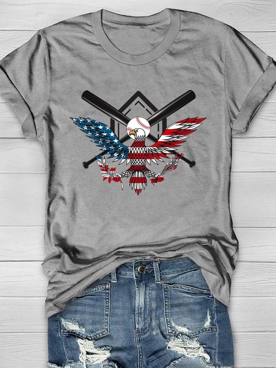 Baseball Free Bird Print Short Sleeve T-Shirt