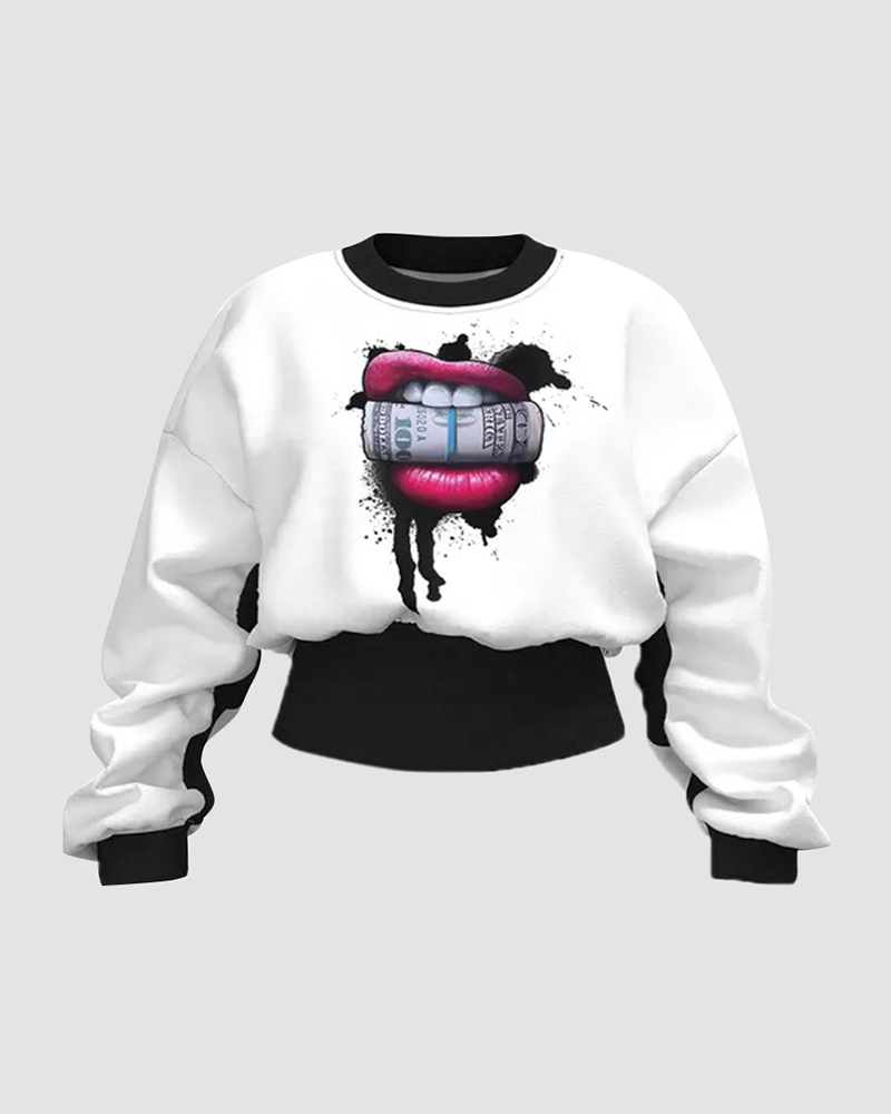 Colorblock Lips Print Round Neck Sweatshirt