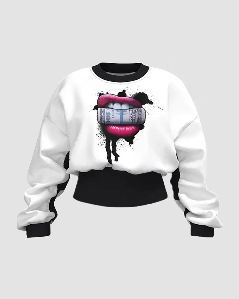 Colorblock Lips Print Round Neck Sweatshirt