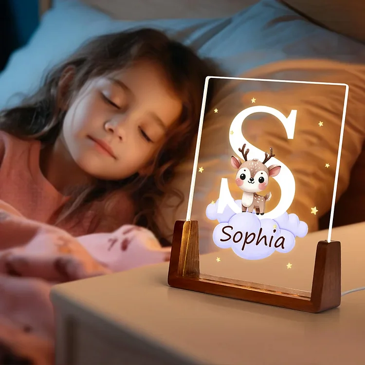 Personalized Cute Forest Animal Acrylic Cloud Star LED Night Light with Wooden Base Name and Initial Birthday Children's Day Gift for Boys Girls