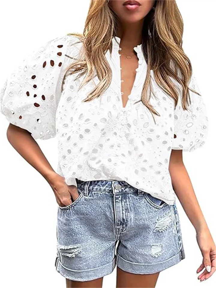 Women's Summer Tops Fashion Casual Lantern Sleeves V-neck Buttons Hollow Lace Embroidery Shirt