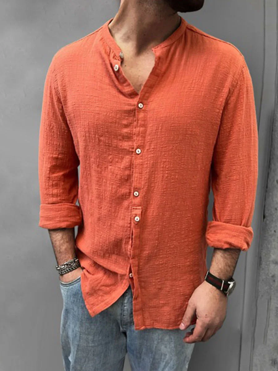 Men's Holiday Casual Orange Cotton and Linen Shirt