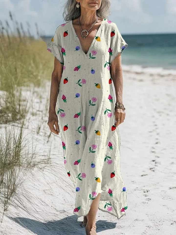 Simple Fruit Pattern Printed Women's Pocket Cotton Dress