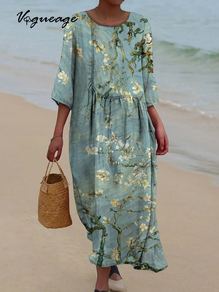 Simple And Elegant Flowers Printed Women's Casual Cotton And Linen Dress