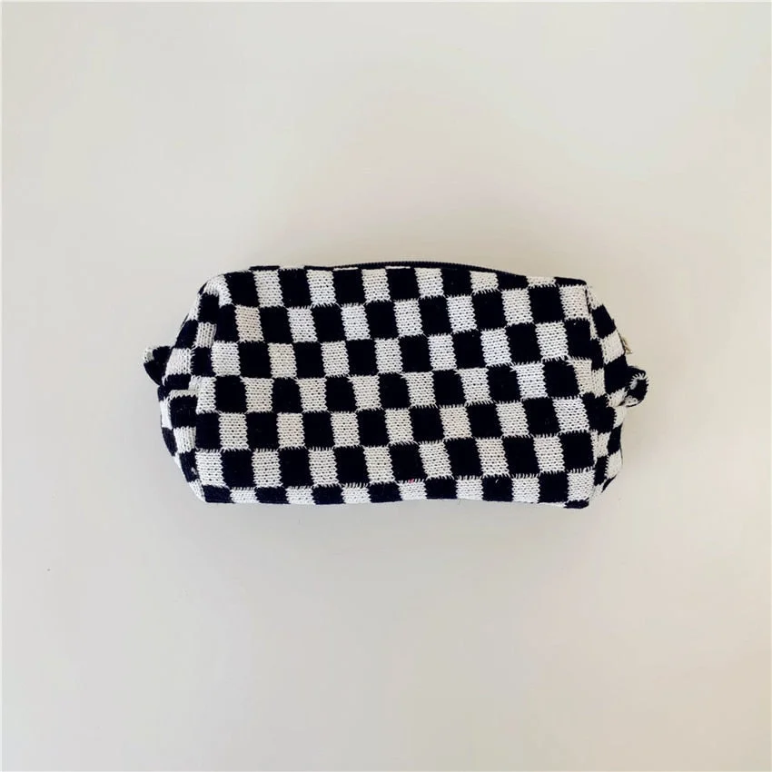 Checkerboard Lattice Makeup Bag Knitted Fabric Women Cosmetic Organizer Zipper Beauty Pouch Wrist Make Up Pouch Toiletry Case