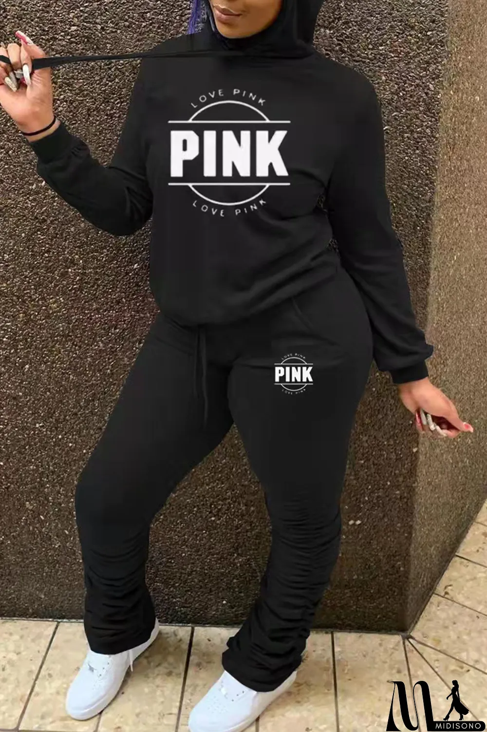 MidiSono - Red Fashion Casual Letter Print Fold Hooded Collar Long Sleeve Two Pieces