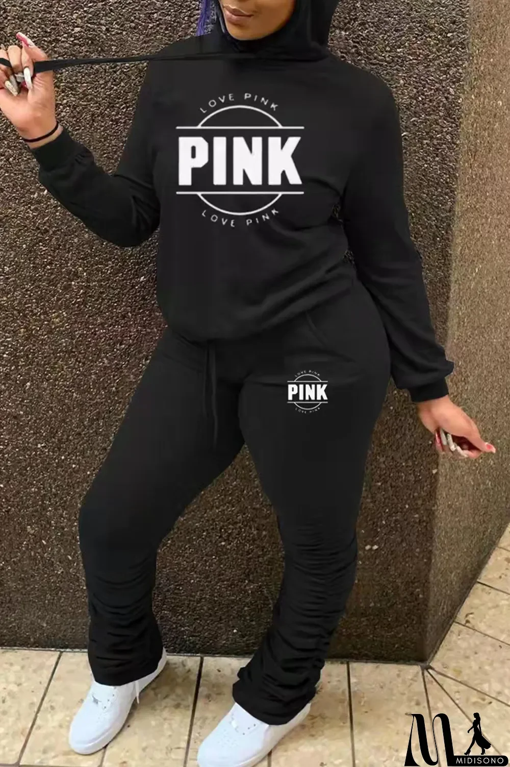 MidiSono - Red Fashion Casual Letter Print Fold Hooded Collar Long Sleeve Two Pieces