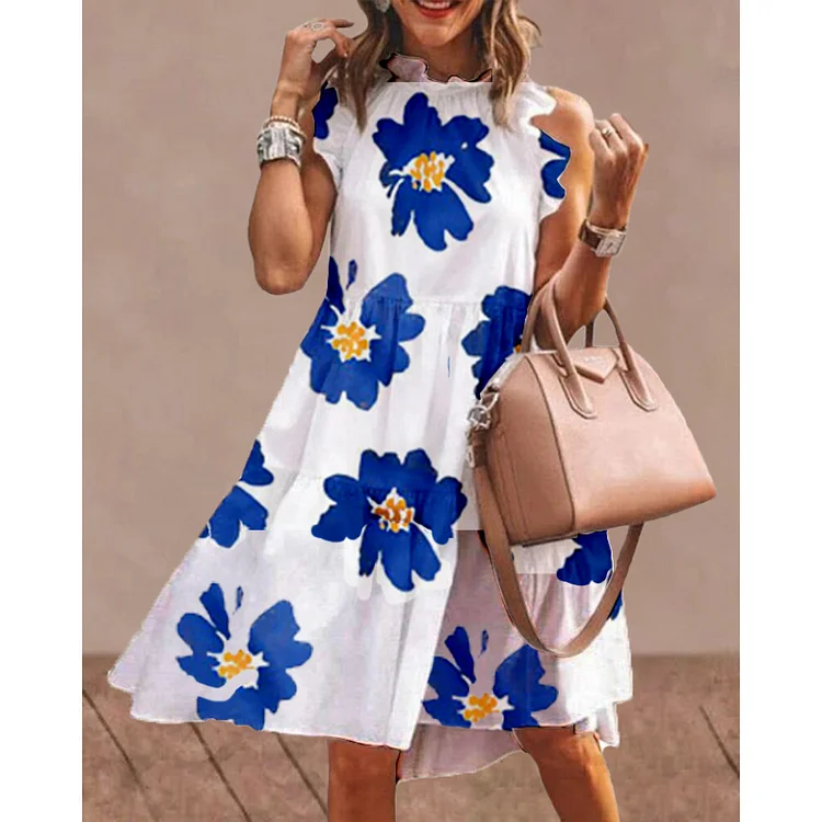  Blue Floral Print Sleeveless Dress socialshop