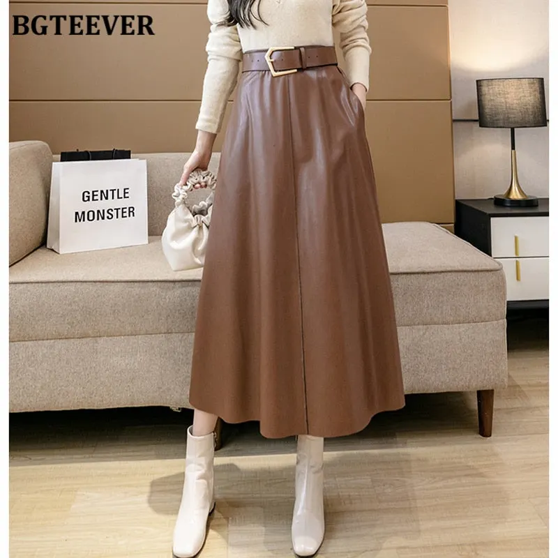 BGTEEVER Chic High Waist Sashes Belted Women PU Leather Skirts Autumn Winter Stylish Loose Midi Female Faux PU Skirts 2021