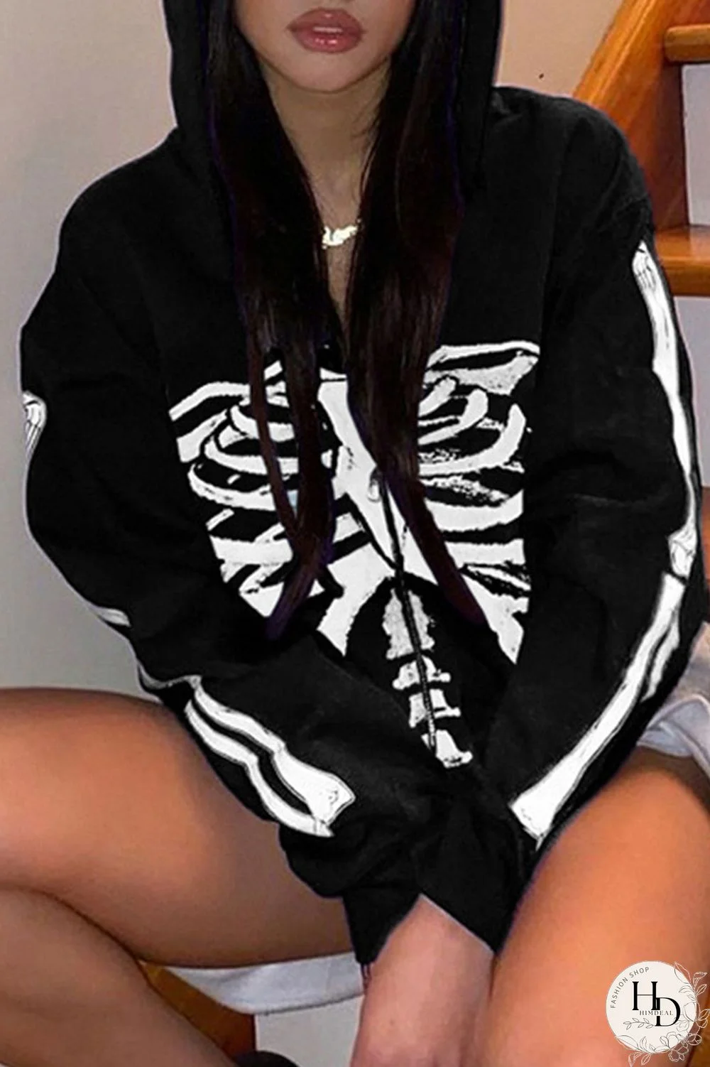 Red Street Print Split Joint Zipper Hooded Collar Outerwear