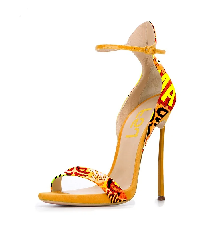 Yellow Floral Heels Ankle Strap Sandals Open Toe Stiletto Heel Sandals |FSJ Shoes