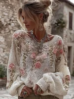 Women's Vintage Pink Flowers Art Cozy Knit Pullover Sweater