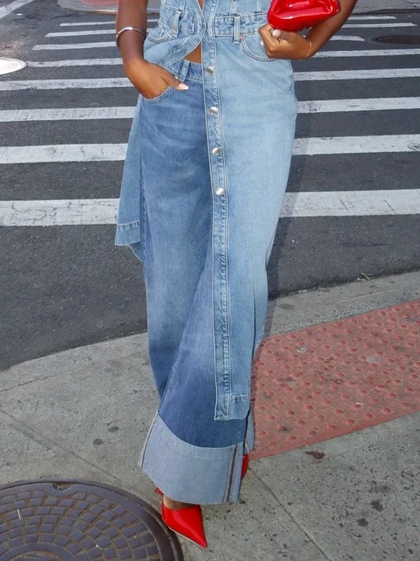 Column Loose Buttoned Solid Color Zipper Jean Pants Bottoms Trousers