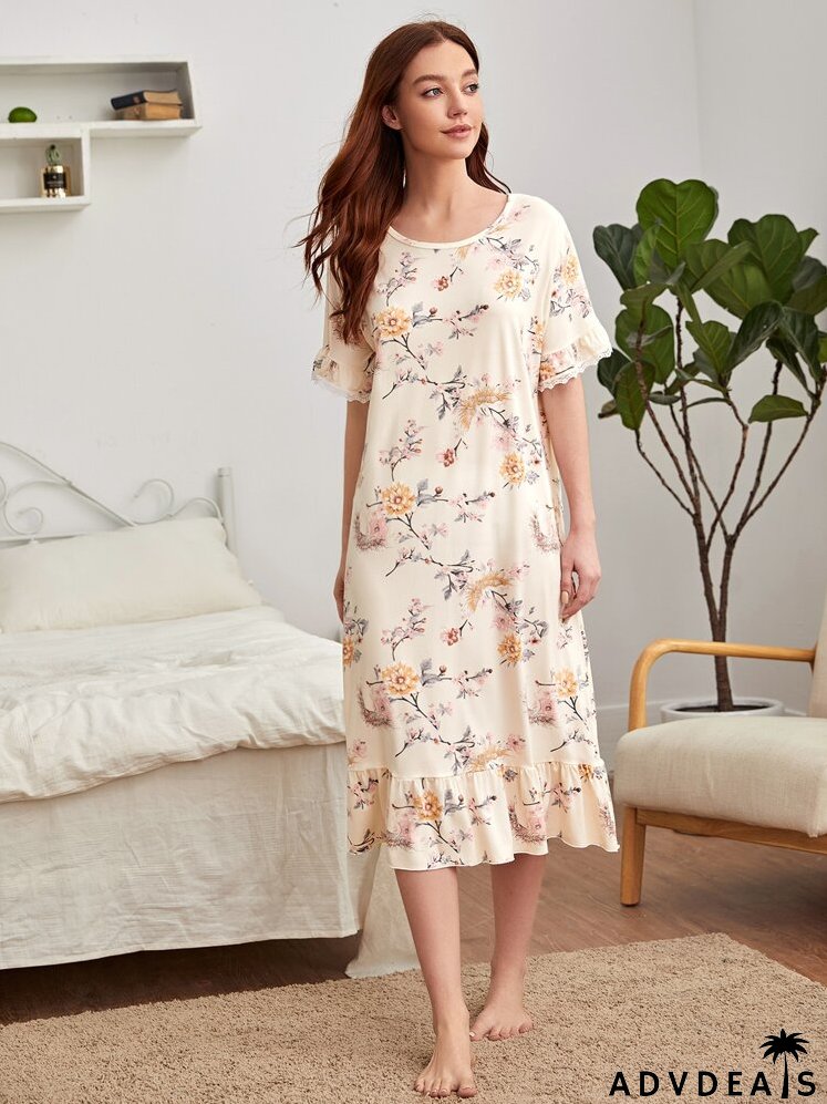 Contrast Lace Floral Print Ruffle Hem Night Dress
