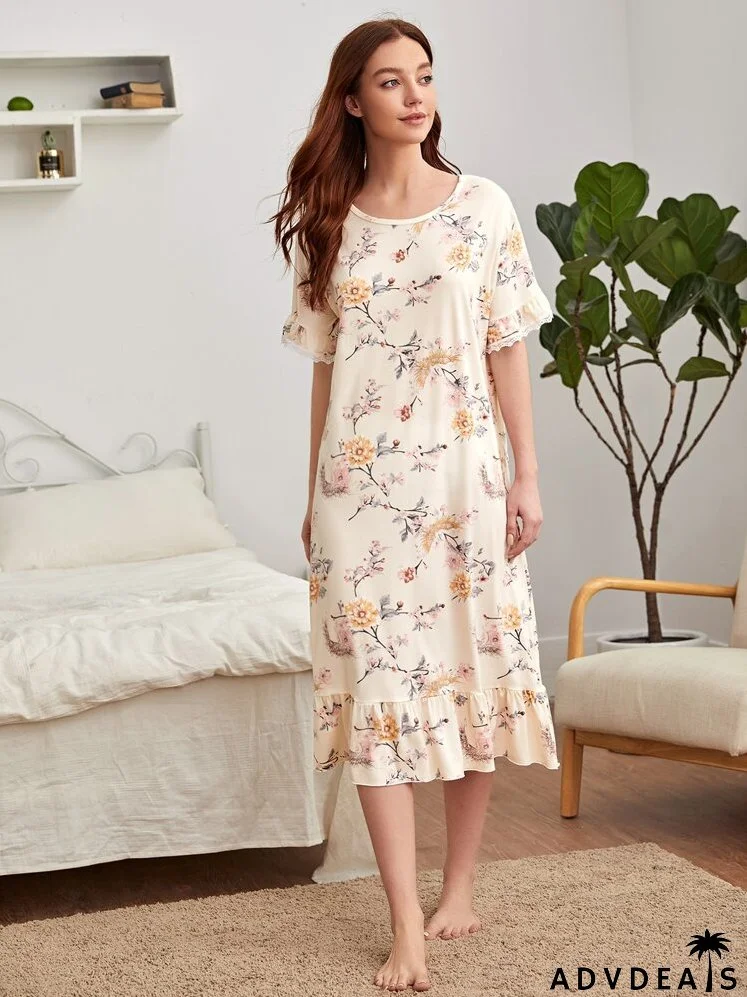 Contrast Lace Floral Print Ruffle Hem Night Dress