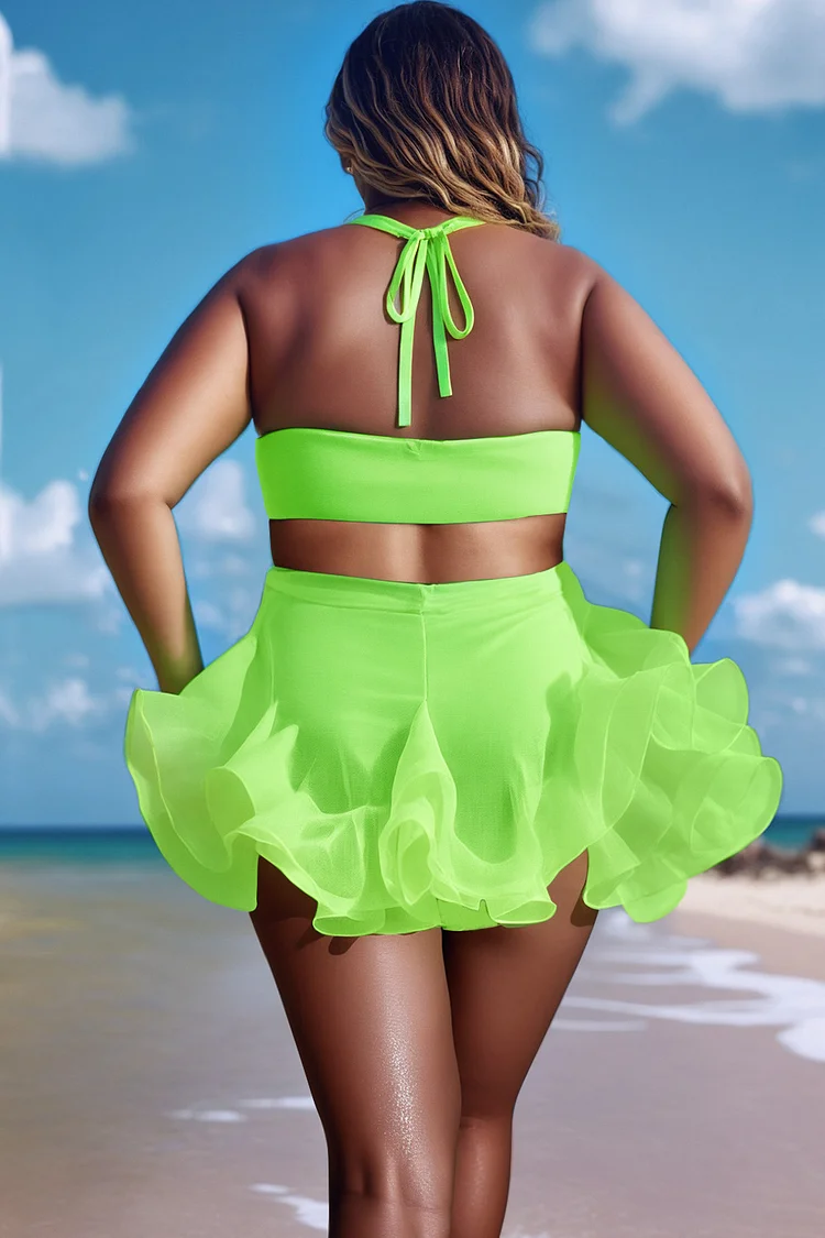 Xpluswear Design Plus Size Beach Lime Green Ruffle Swimsuit Fabric Two Pieces Swimsuit [Pre-Order]