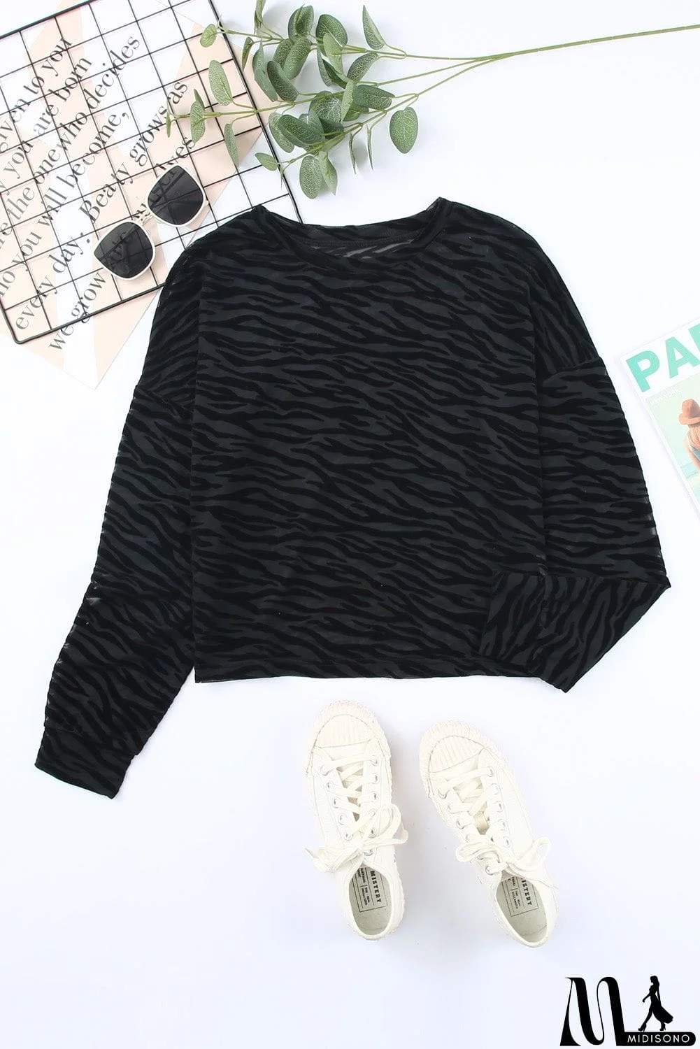 MidiSono - Zebra Print Drop Shoulder Long Sleeve Top