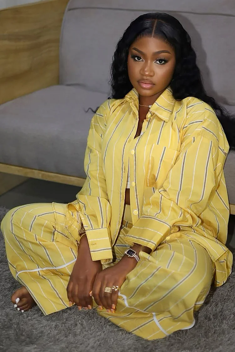 Striped Print Long Sleeve Loose Fit Blouse Pants Matching Set-Yellow