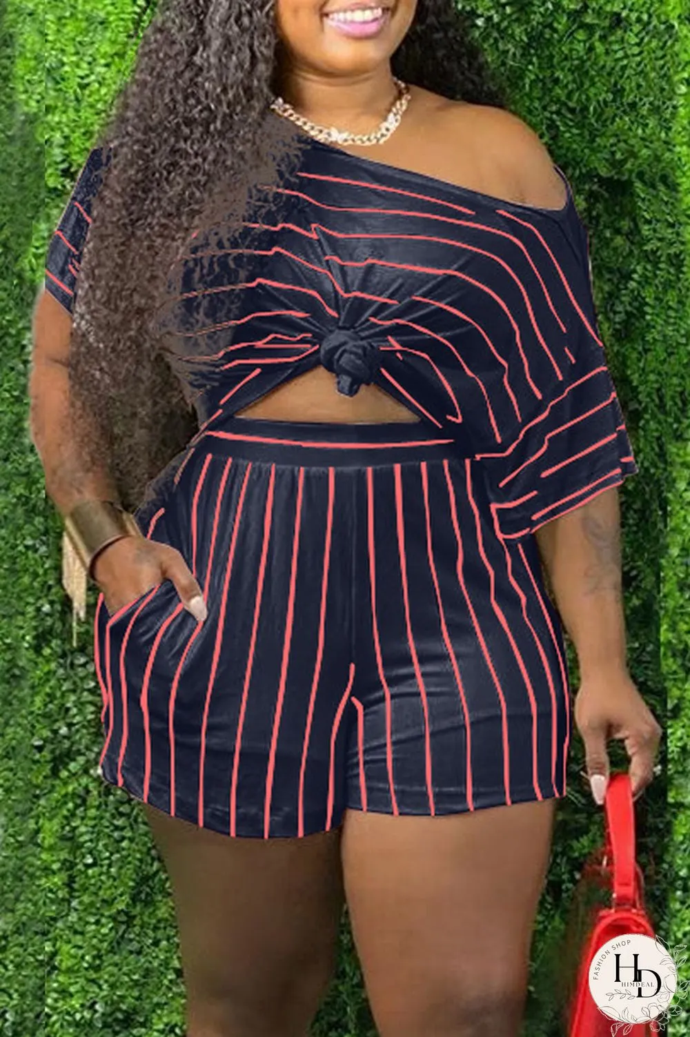 watermelon red Fashion OL One Shoulder Collar Striped Two Piece Suits Stripe Plus Size