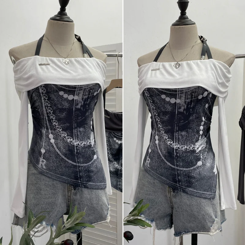 Uveng Vintage Print Shoulder Irregular Long-Sleeved T-Shirt Hanging Neck Slim Thin Short Bottom Top 2662