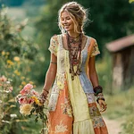 Women's Floral Color Block Round Neck Short Sleeve Long Dress - Image 5