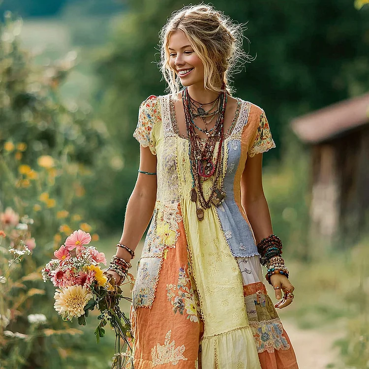 Women's Floral Color Block Round Neck Short Sleeve Long Dress