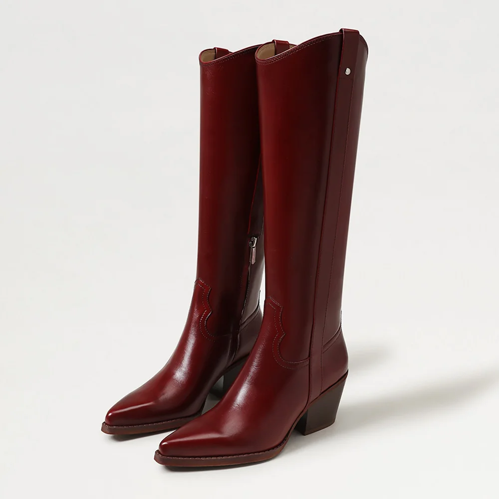 Women's Maroon Mid Block Heel Pointed Toe Western Boots with Zipper