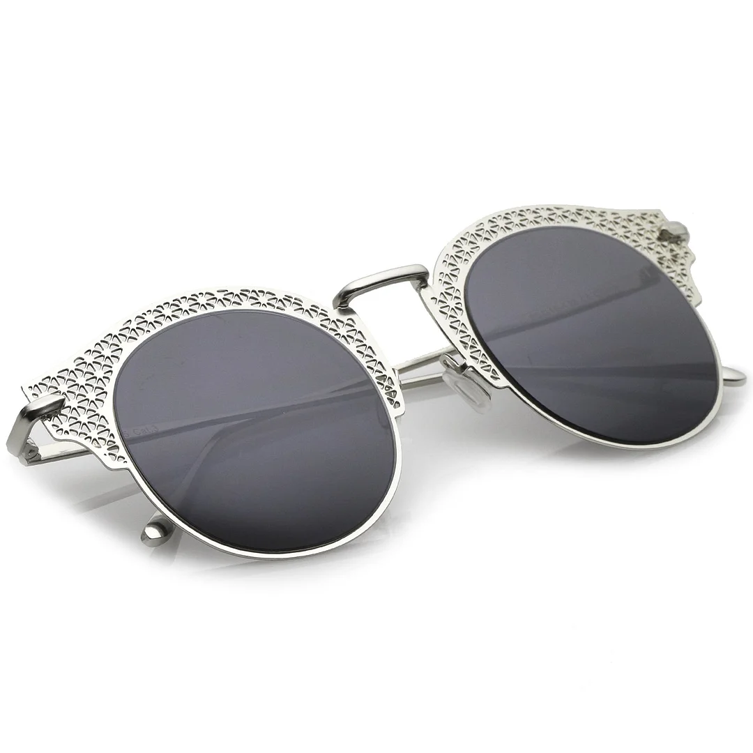 Women's Open Metal Cutout Slim Arm Round Flat Lens Half Frame glasses 50mm