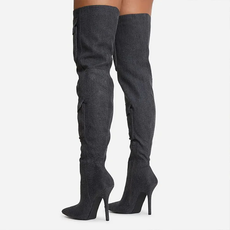 Dark Grey Pointy Denim Thigh Zipper Boots with Stiletto Heels Vdcoo